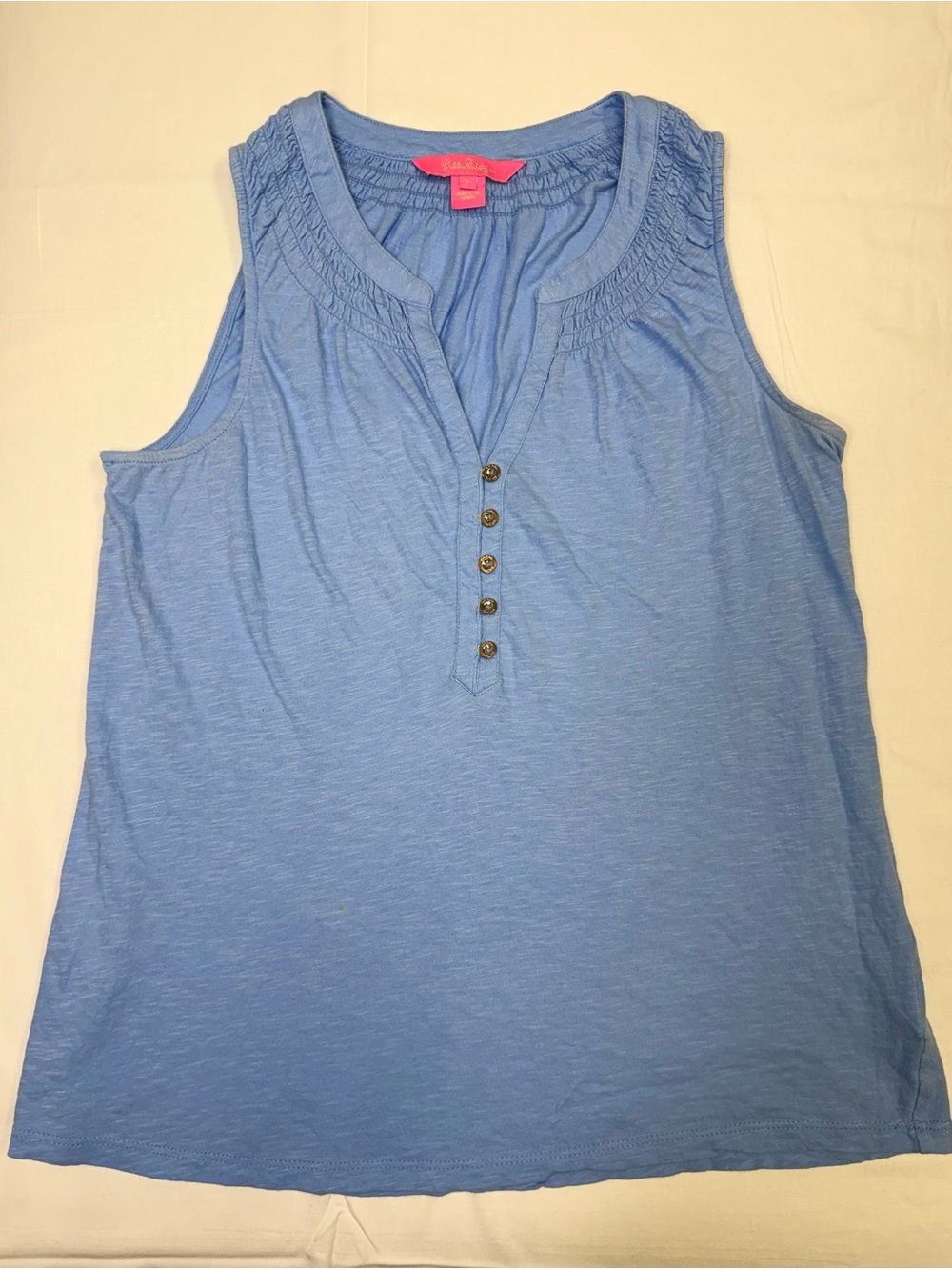 Lilly Pulitzer Blue Sleeveless Henley Tank Top Smocked Neck 100% Cotton Size S